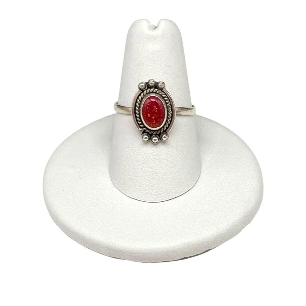 Australian Fire Opal Ring Size 7.5 Solid 925 Sterling Silver Red Orange